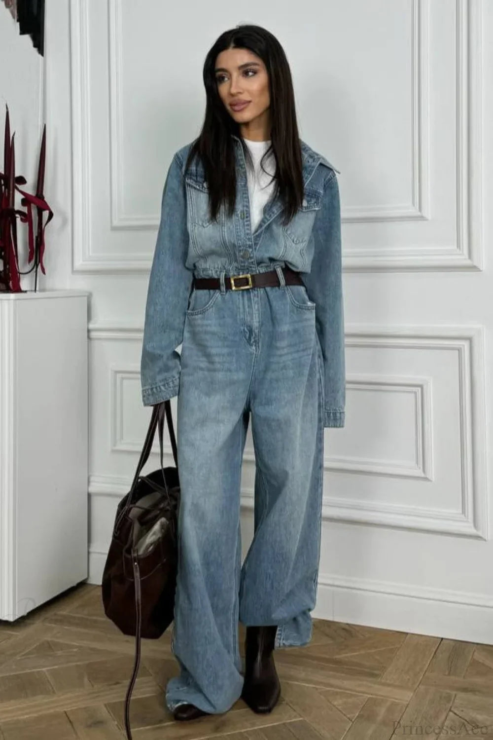 Vintage Vintage Denim Loose Long Pants  Jumpsuit-style Two Piece Set