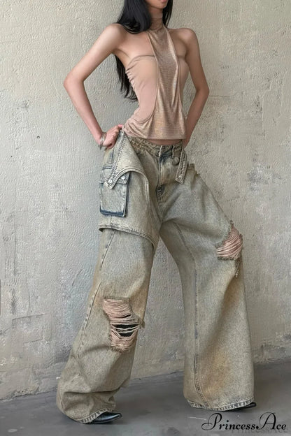 Vintage Distressed Loose Floor Length Jeans