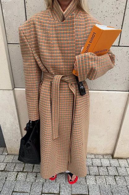 Vintage Elegant Warm Houndstooth Wool Blend Tie-Waist Overcoat