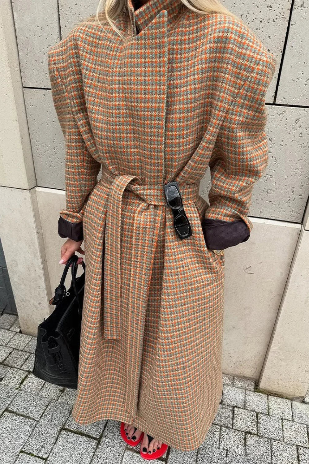 Vintage Elegant Warm Houndstooth Wool Blend Tie-Waist Overcoat
