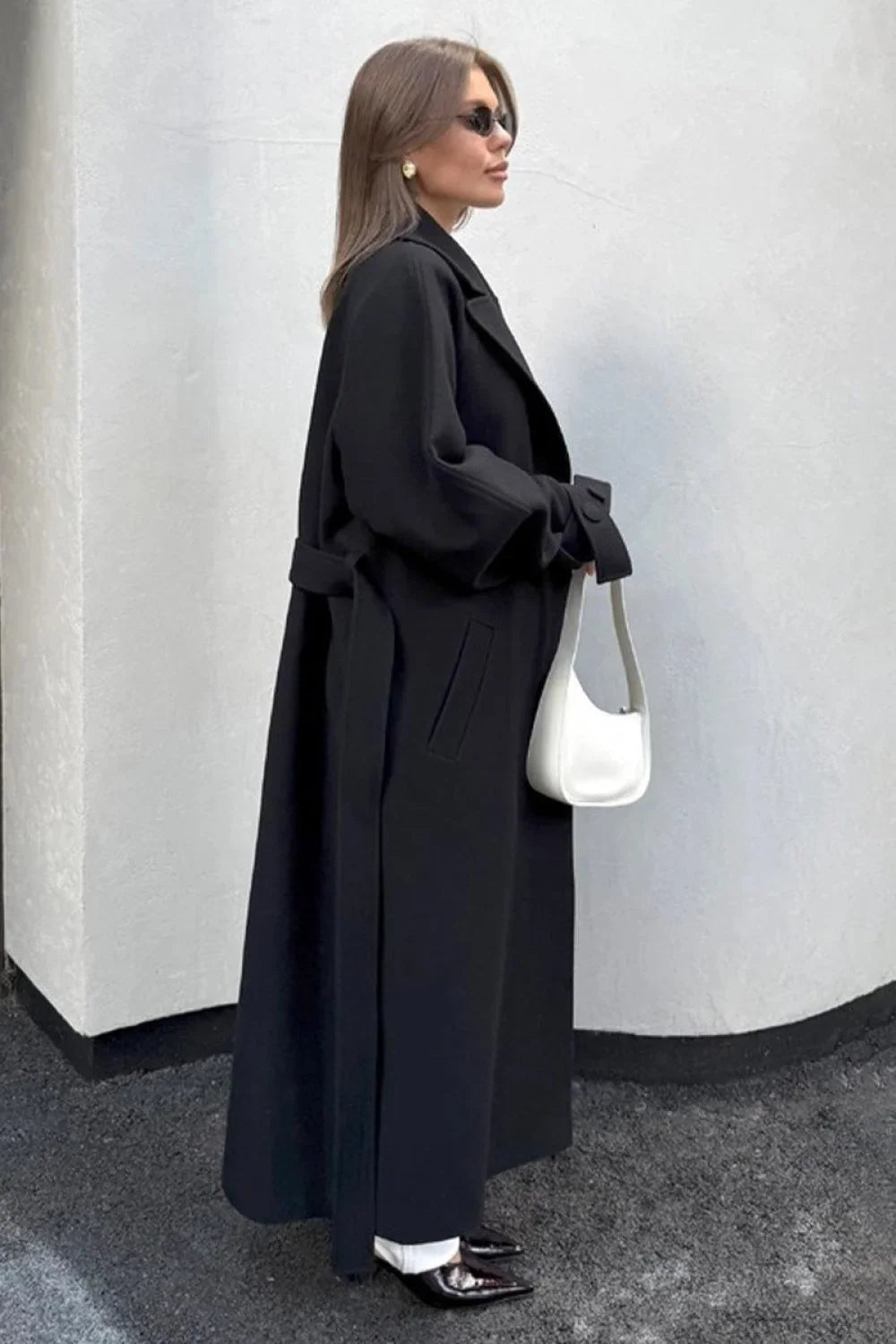 Vintage Elegant Wool Tie Waist Relaxed Overcoat