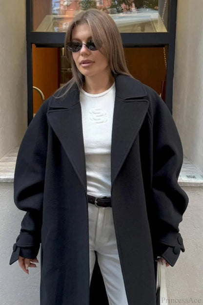 Vintage Elegant Wool Tie Waist Relaxed Overcoat