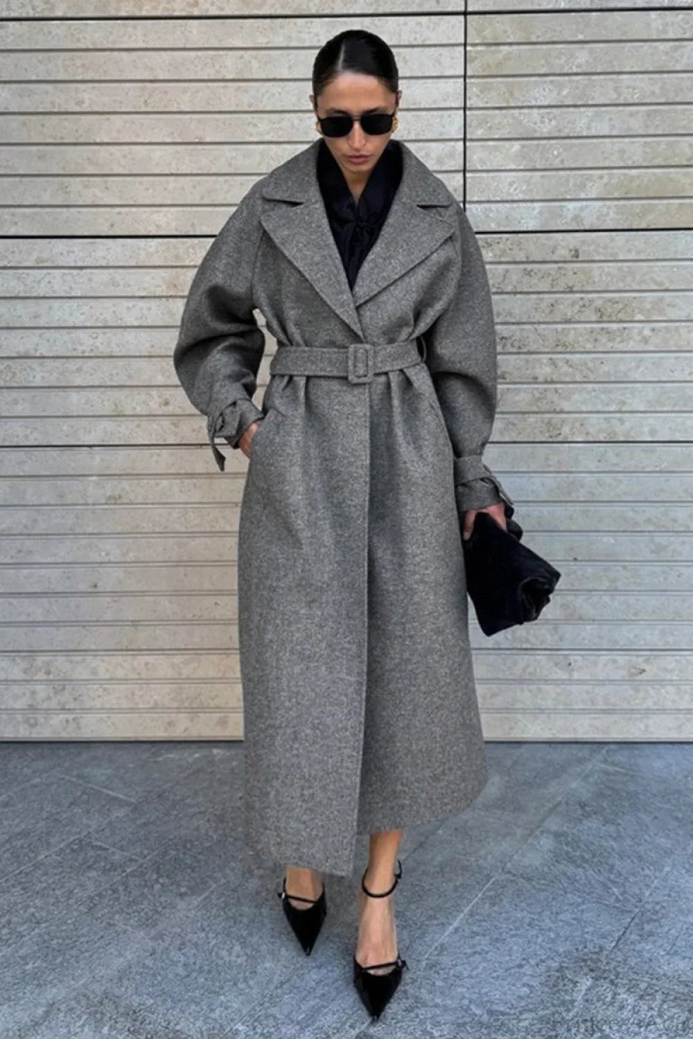 Vintage Elegant Wool Tie Waist Relaxed Overcoat