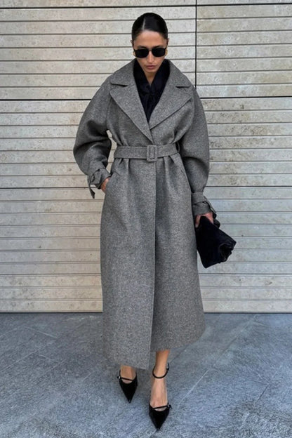 Vintage Elegant Wool Tie Waist Relaxed Overcoat