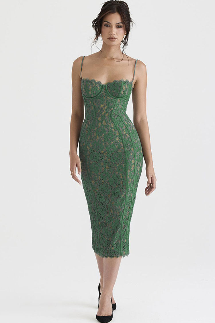 Sweetheart Neck Eyelash Lace Corset Boned Spaghetti Strap Lace Midi Dress