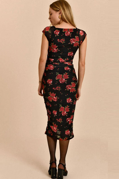 Floral Print Cap Sleeve Mesh Ruched Sweetheart Midi Dress