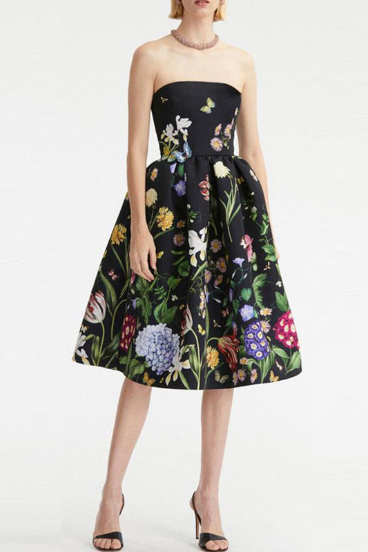 Strapless Floral Butterfly Print Box Pleat Fit-and-Flare Midi Dress