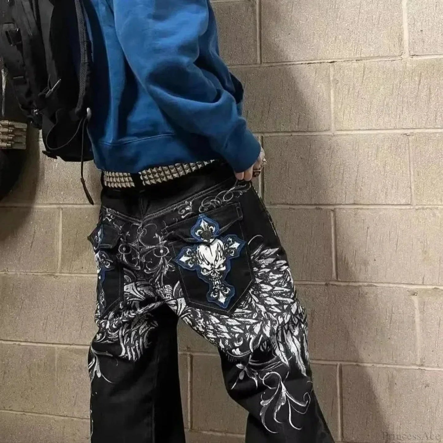Vintage Gothic Cross Wings Stitched Pants