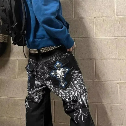 Vintage Gothic Cross Wings Stitched Pants