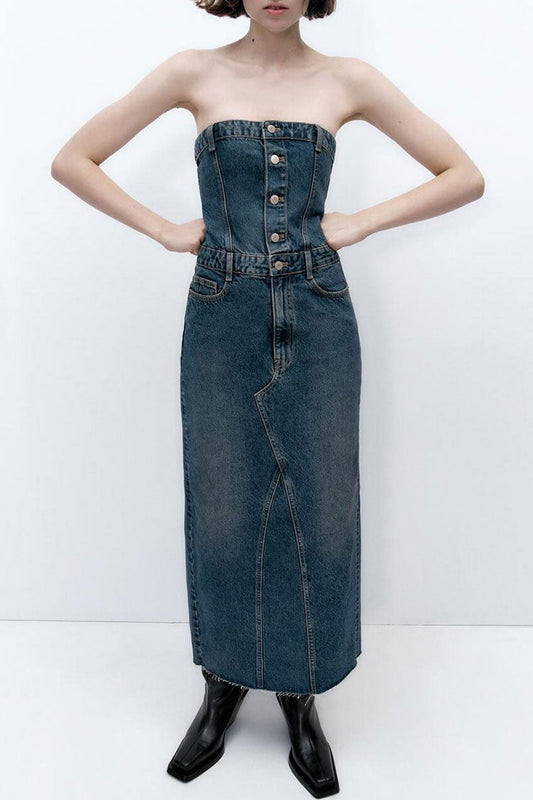 Strapless Denim Bustier Button Front Five Pocket Raw Hem Maxi Dress