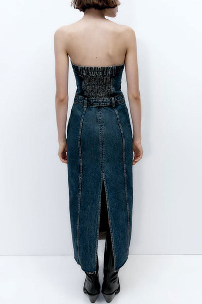 Strapless Denim Bustier Button Front Five Pocket Raw Hem Maxi Dress