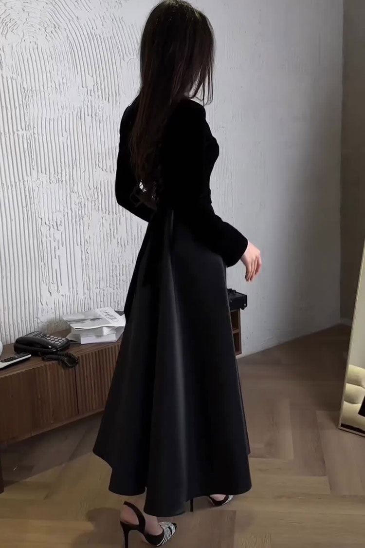 Mock Neck Long Sleeve Velvet Panel Pleated Satin Maxi Dress