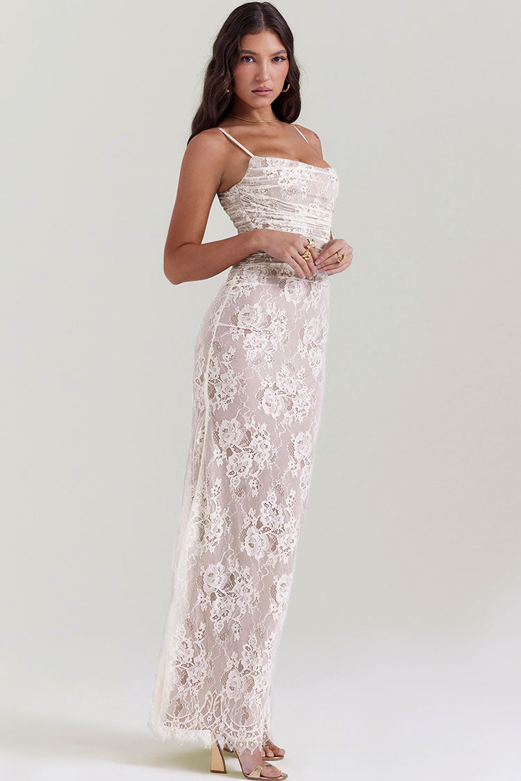 Floral Lace Spaghetti Strap Ruched Bust Long Sleeve Shrug Column Maxi Dress