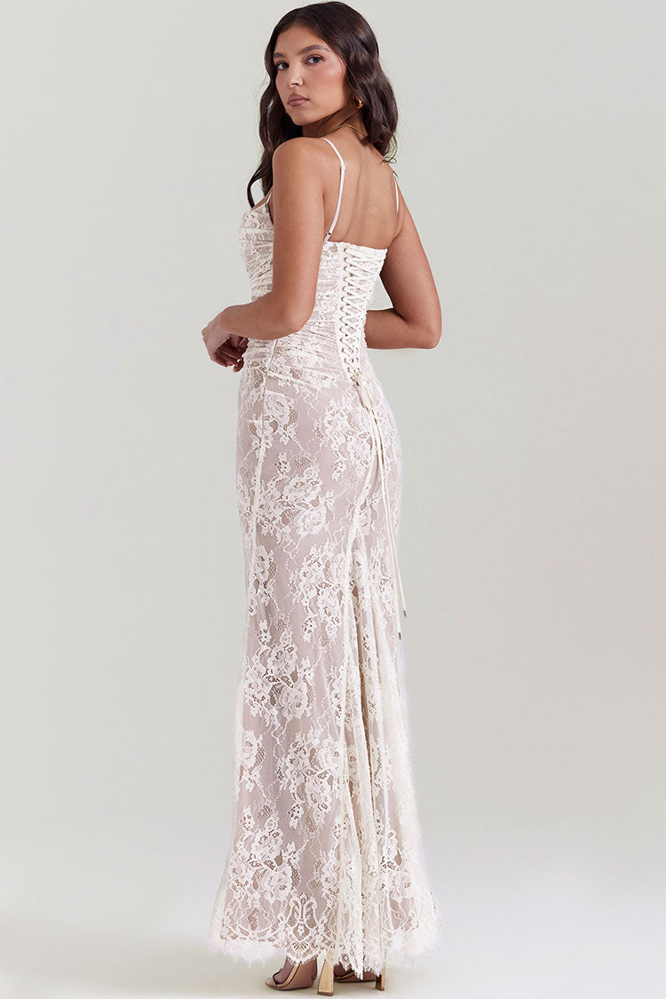 Floral Lace Spaghetti Strap Ruched Bust Long Sleeve Shrug Column Maxi Dress