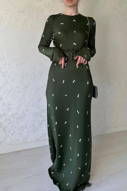 Crew Neck Long Sleeve Floral Print Belted Satin Maxi Dress