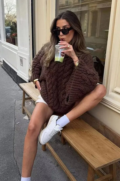 Vintage Loose Comfortable Crew Neck Wide Sleeve Cable Sweater