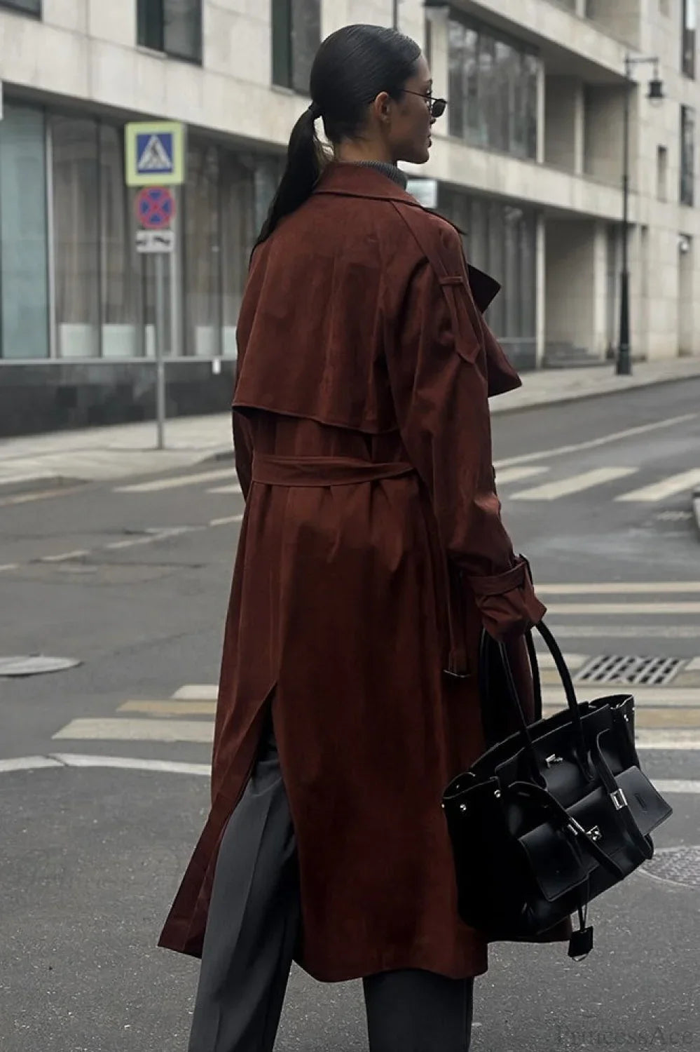 Vintage Maillard Notched Collar Suede Tie-Waist Overcoat