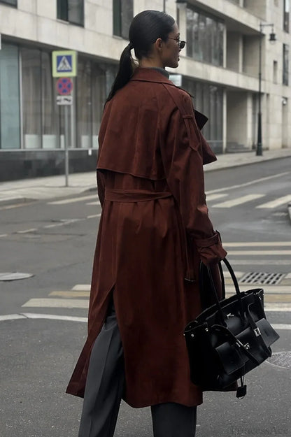 Vintage Maillard Notched Collar Suede Tie-Waist Overcoat