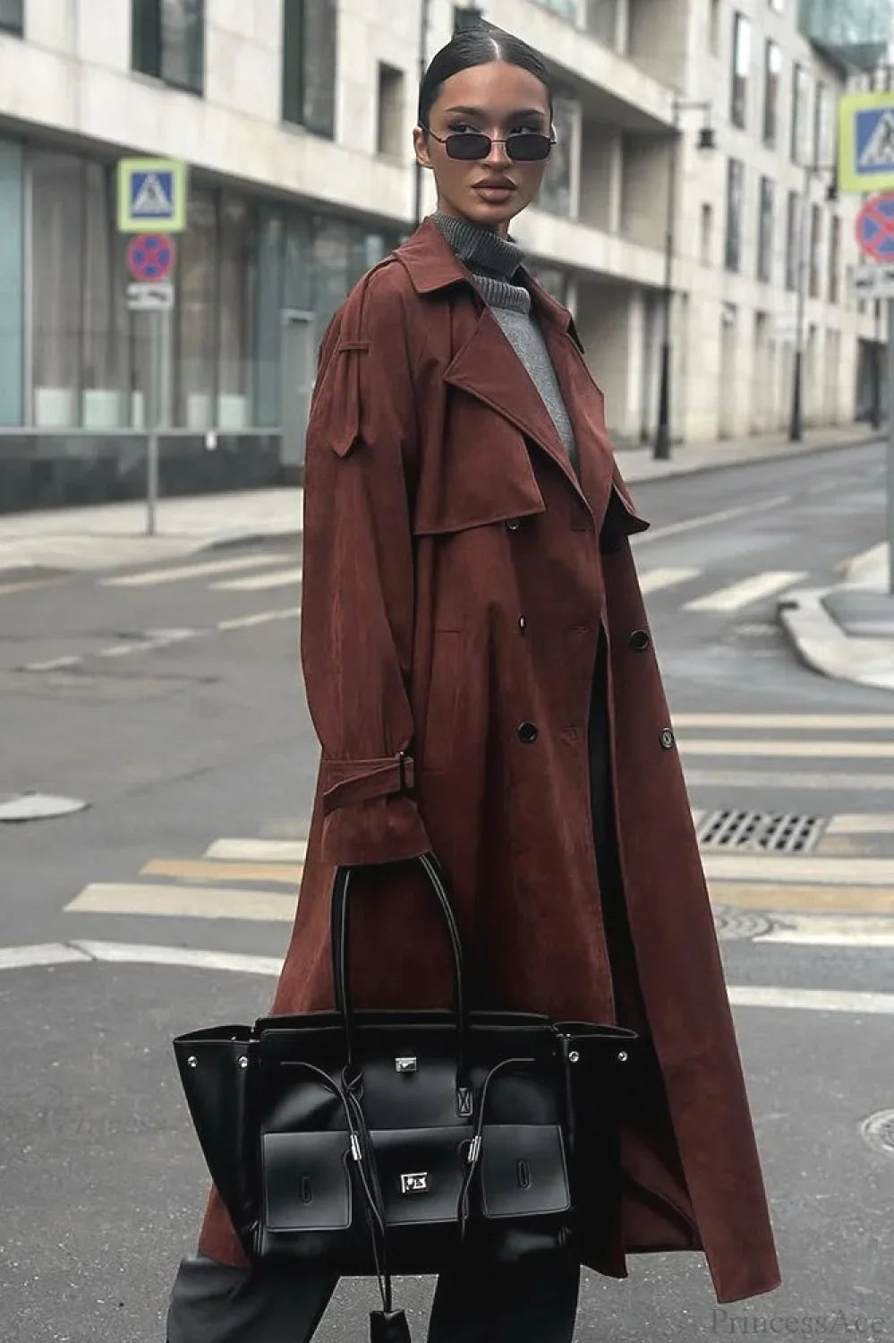 Vintage Maillard Notched Collar Suede Tie-Waist Overcoat