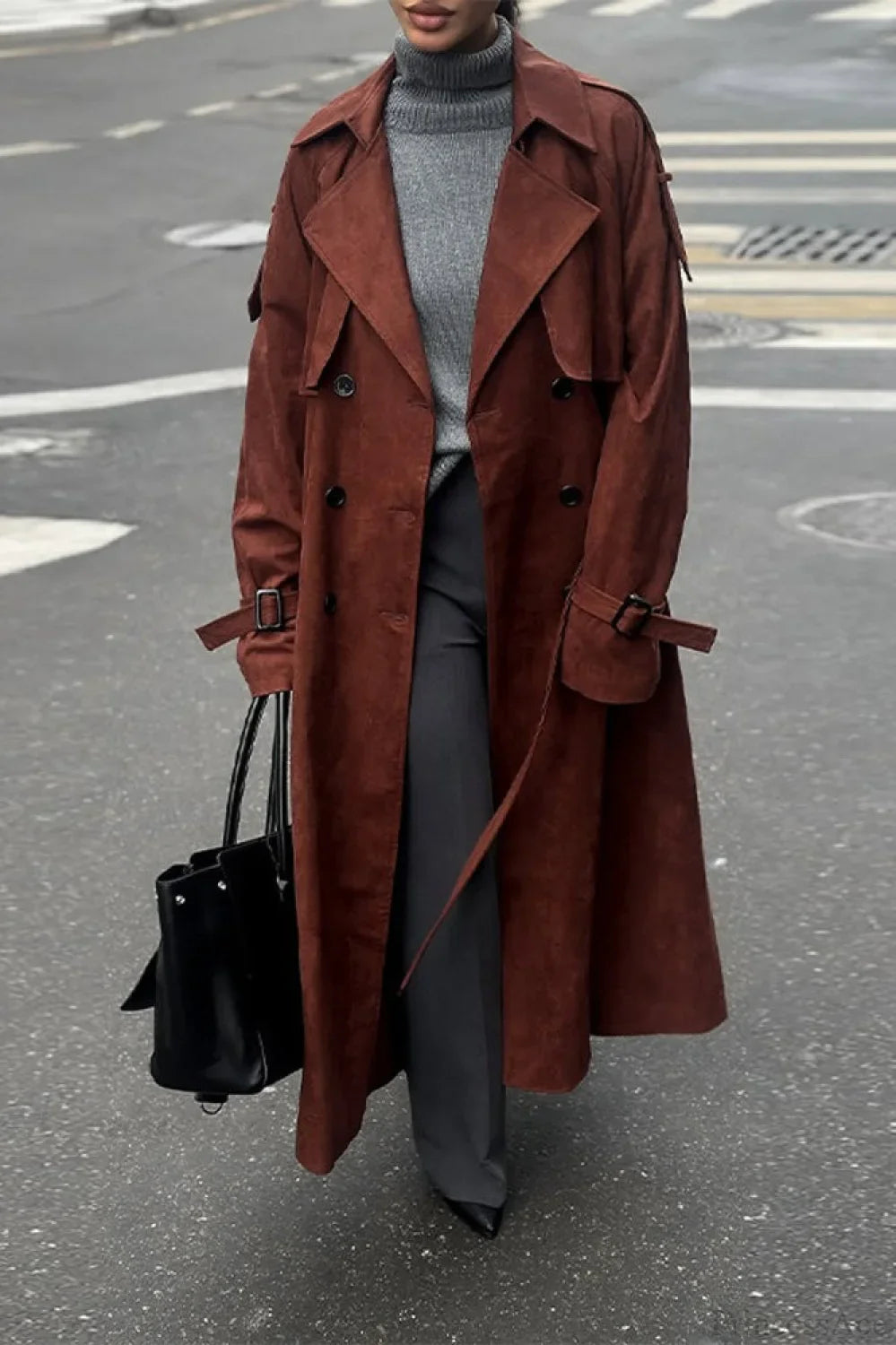 Vintage Maillard Notched Collar Suede Tie-Waist Overcoat