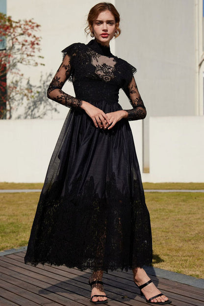 Mock Neck Floral Lace Sheer Long Sleeve Tiered Hem Maxi Gown