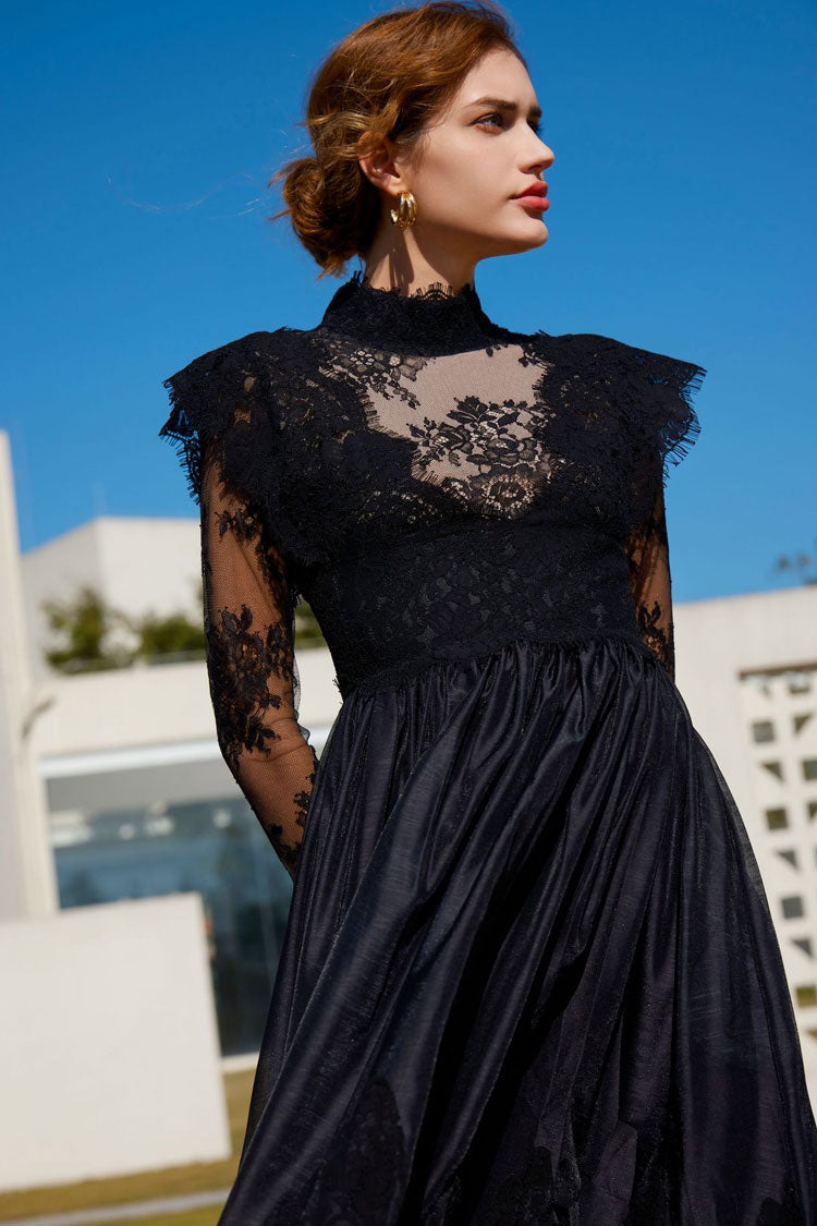 Mock Neck Floral Lace Sheer Long Sleeve Tiered Hem Maxi Gown