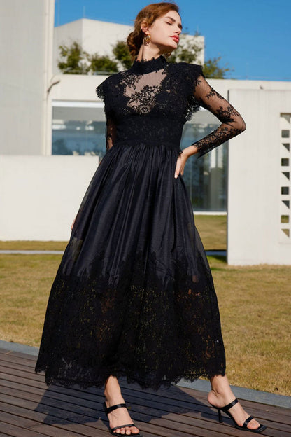 Mock Neck Floral Lace Sheer Long Sleeve Tiered Hem Maxi Gown