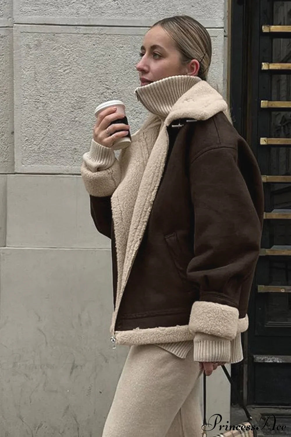 Vintage Oversized Suede Sherpa-Lined Coat