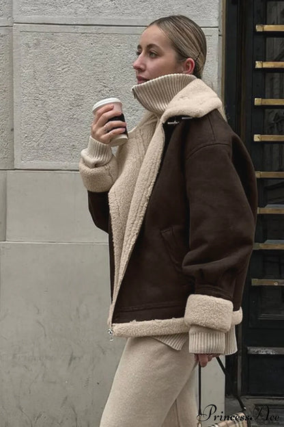 Vintage Oversized Suede Sherpa-Lined Coat