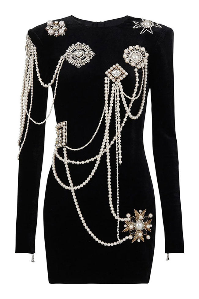 Crew Neck Pearl Tassel Rhinestone Embellished Long Sleeve Velvet Mini Dress