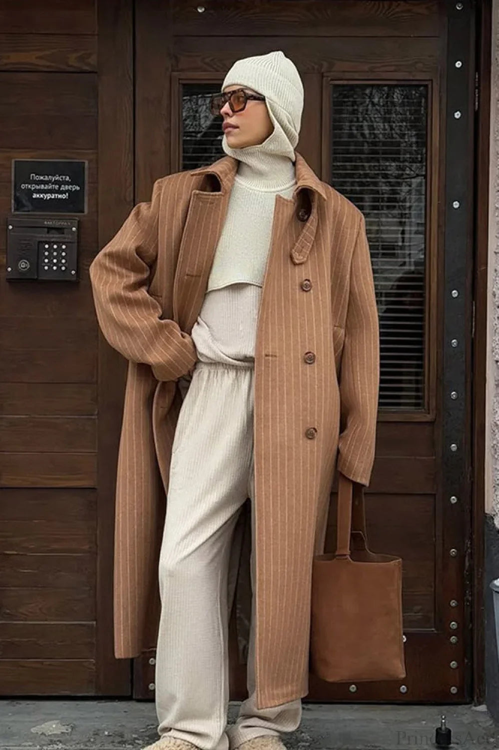 Vintage Pinstripe Notched Collar Wool Blend Overcoat