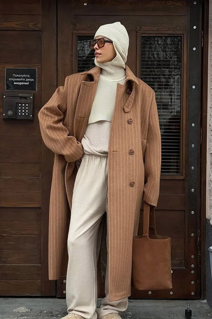 Vintage Pinstripe Notched Collar Wool Blend Overcoat