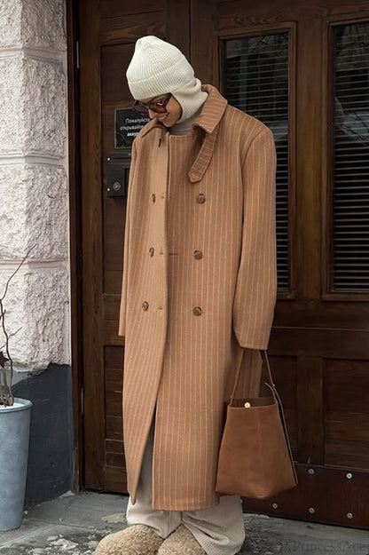 Vintage Pinstripe Notched Collar Wool Blend Overcoat