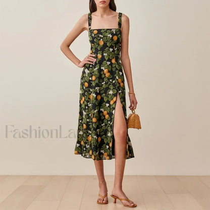 Vintage Print Chiffon Beach Dress Sleeveless Side Slit Floral Dress