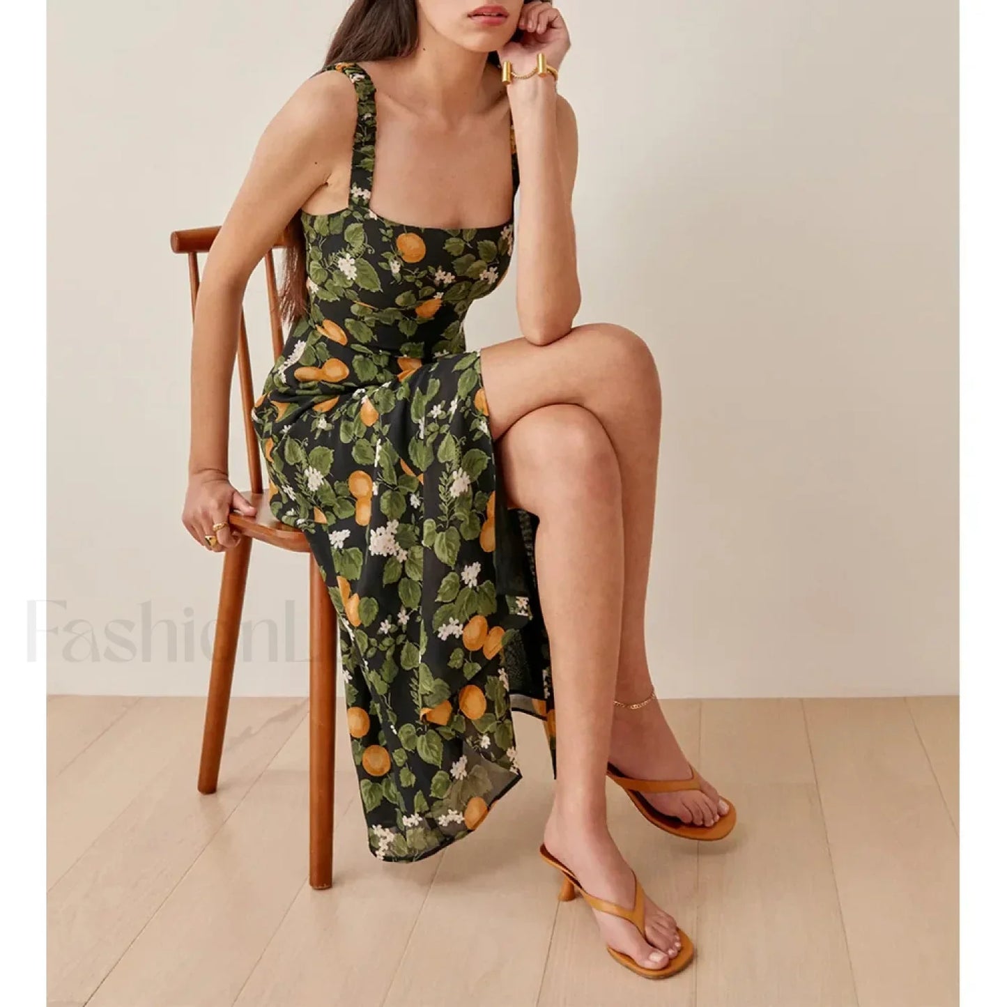 Vintage Print Chiffon Beach Dress Sleeveless Side Slit Floral Dress