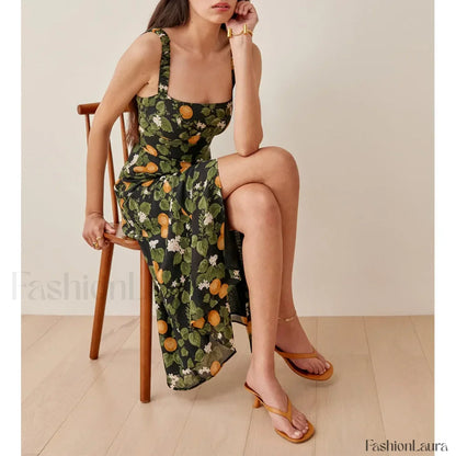Vintage Print Chiffon Beach Dress Sleeveless Side Slit Floral Dress