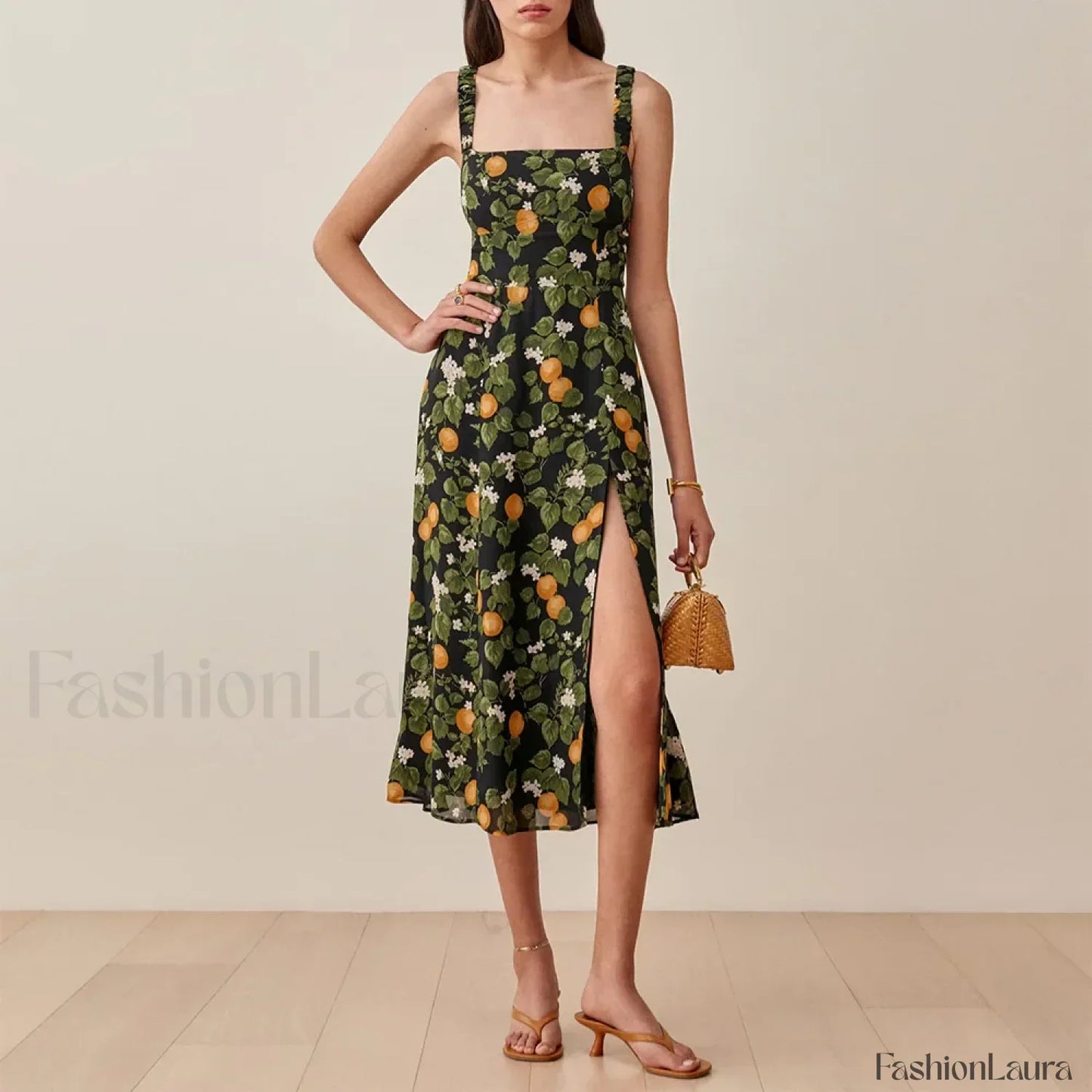 Vintage Print Chiffon Beach Dress Sleeveless Side Slit Floral Dress
