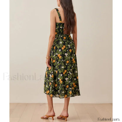 Vintage Print Chiffon Beach Dress Sleeveless Side Slit Floral Dress