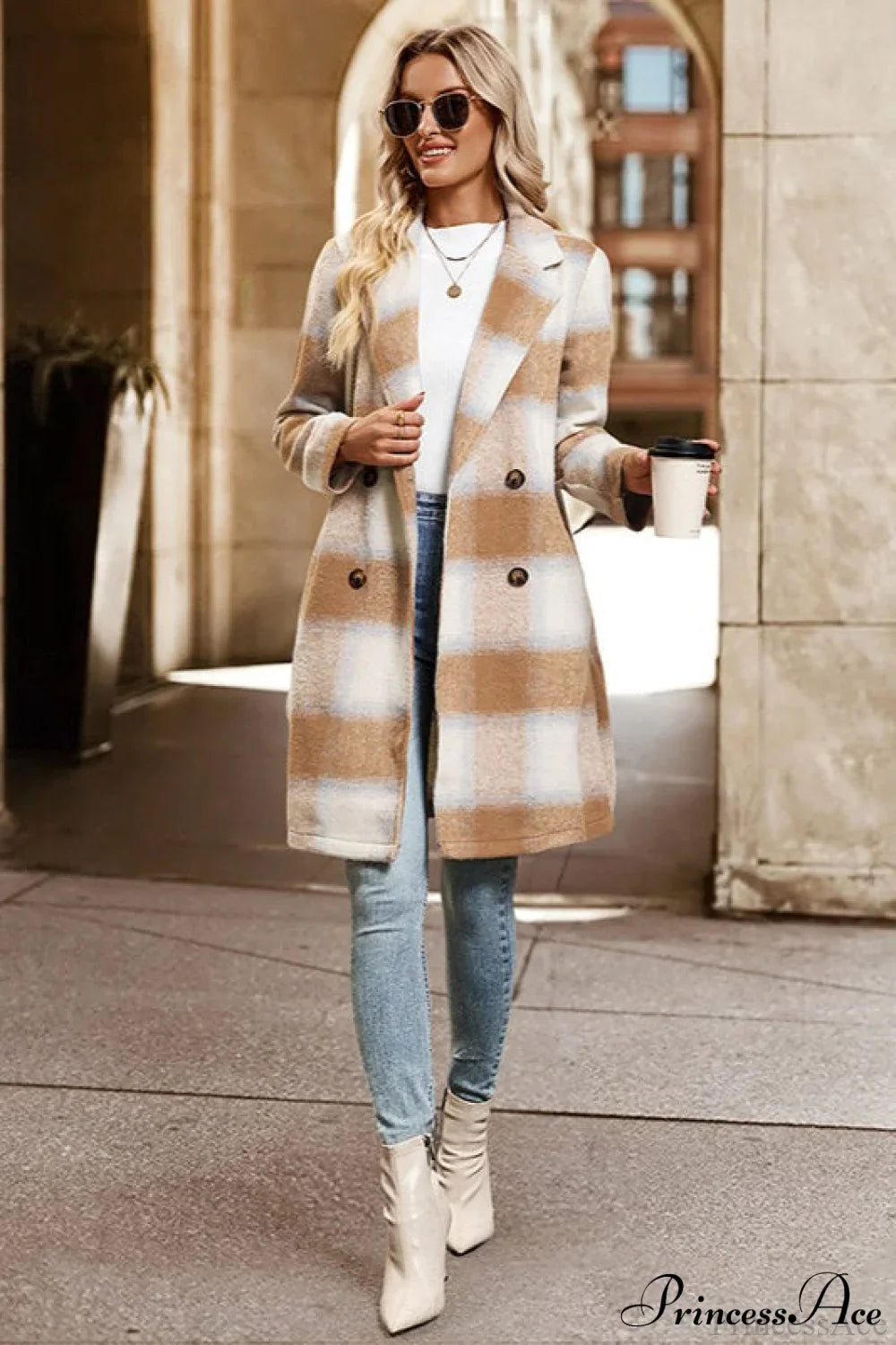 Vintage Sanded Plaid Tailored Collar Midi Wool Coat