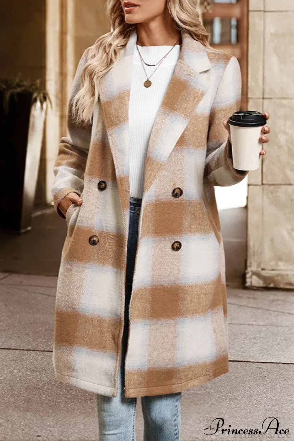 Vintage Sanded Plaid Tailored Collar Midi Wool Coat
