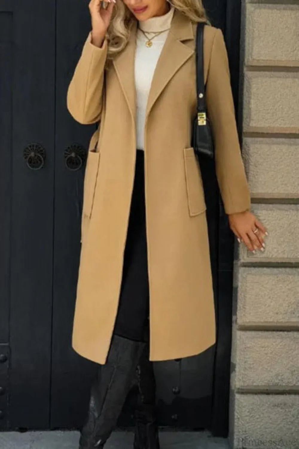 Vintage Solid Color Minimalist Tie Waist Wool Blend Notched Overcoat