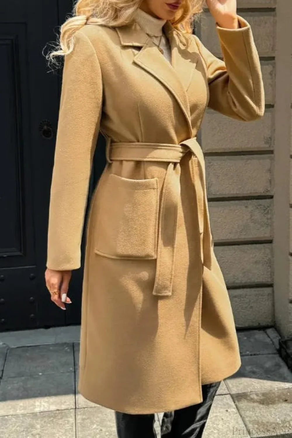 Vintage Solid Color Minimalist Tie Waist Wool Blend Notched Overcoat