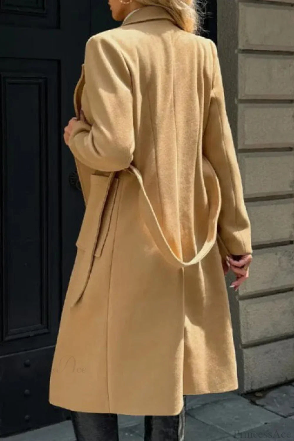 Vintage Solid Color Minimalist Tie Waist Wool Blend Notched Overcoat