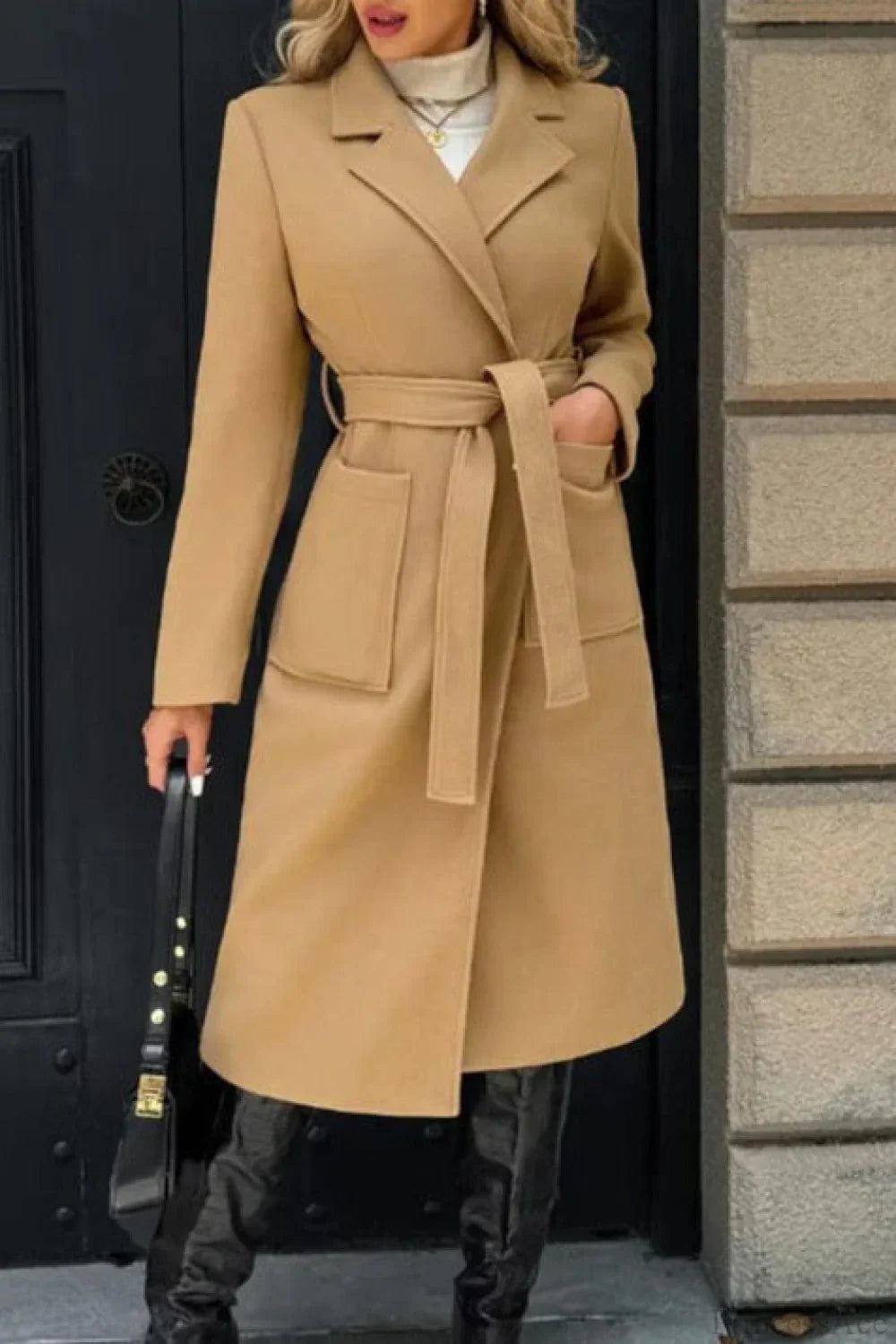 Vintage Solid Color Minimalist Tie Waist Wool Blend Notched Overcoat