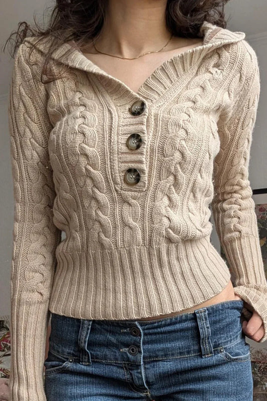 Vintage Solid Hooded Cropped Waist Button Long Sleeve Sweater