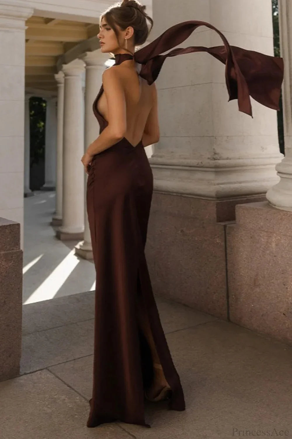 Vintage Solid Satin Backless Maxi Dress