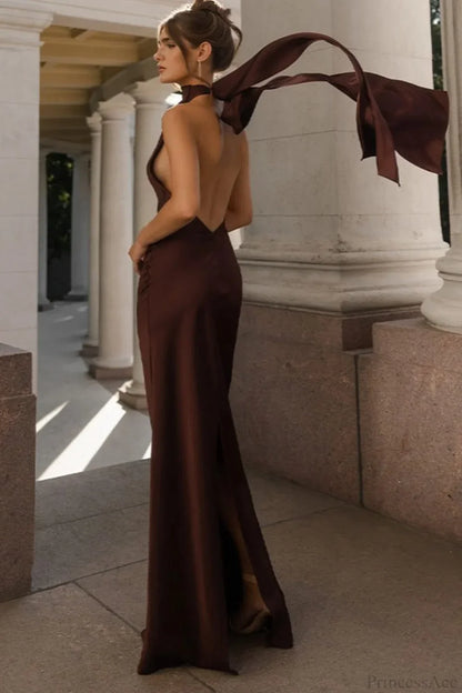 Vintage Solid Satin Backless Maxi Dress