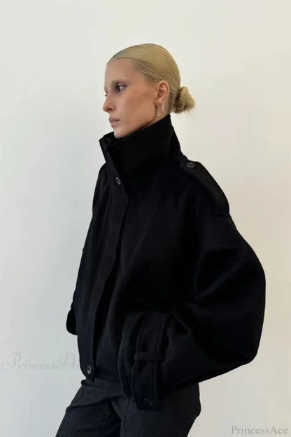 Vintage Stand Collar Buttoned Short Wool Coat