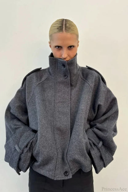 Vintage Stand Collar Buttoned Short Wool Coat