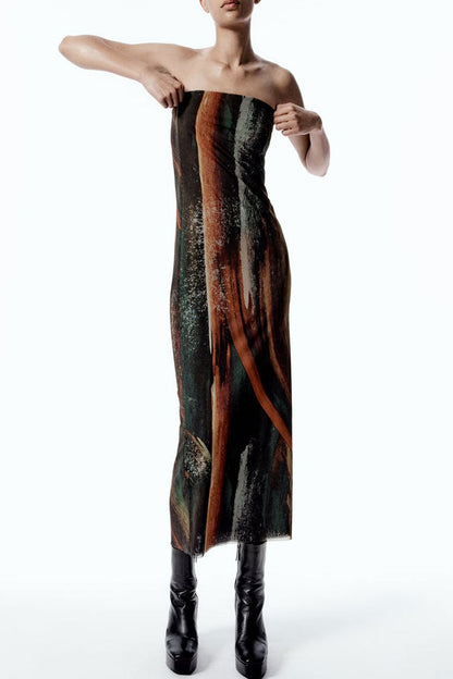 Strapless Abstract Brushstroke Print Column Mesh Midi Dress